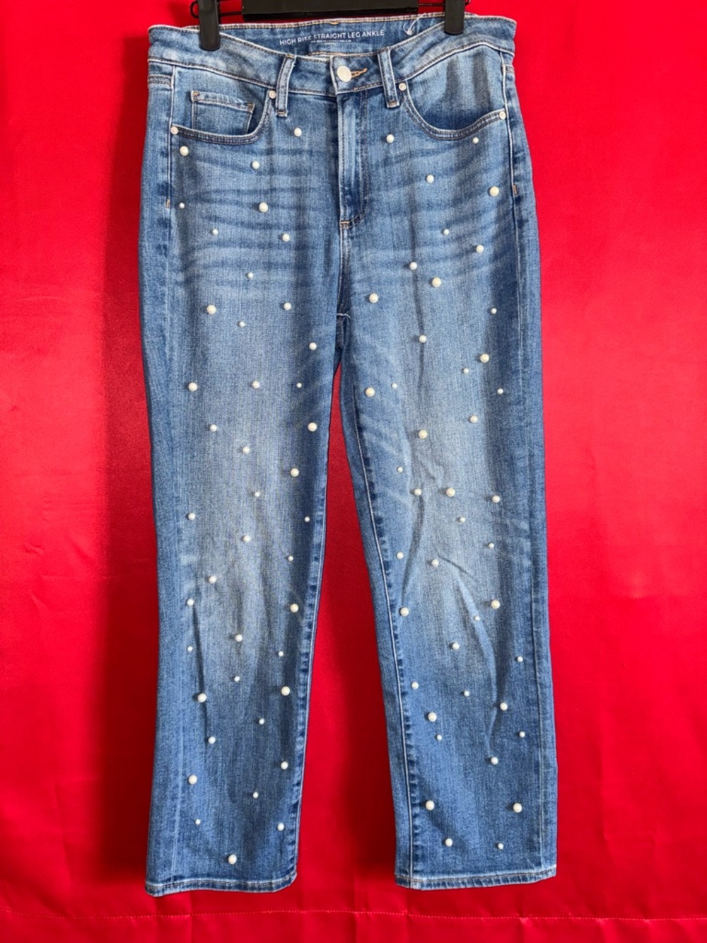 #402-CHICO’s Women’s Blue Pearl-Embellished Straight Leg Jeans Size 6R